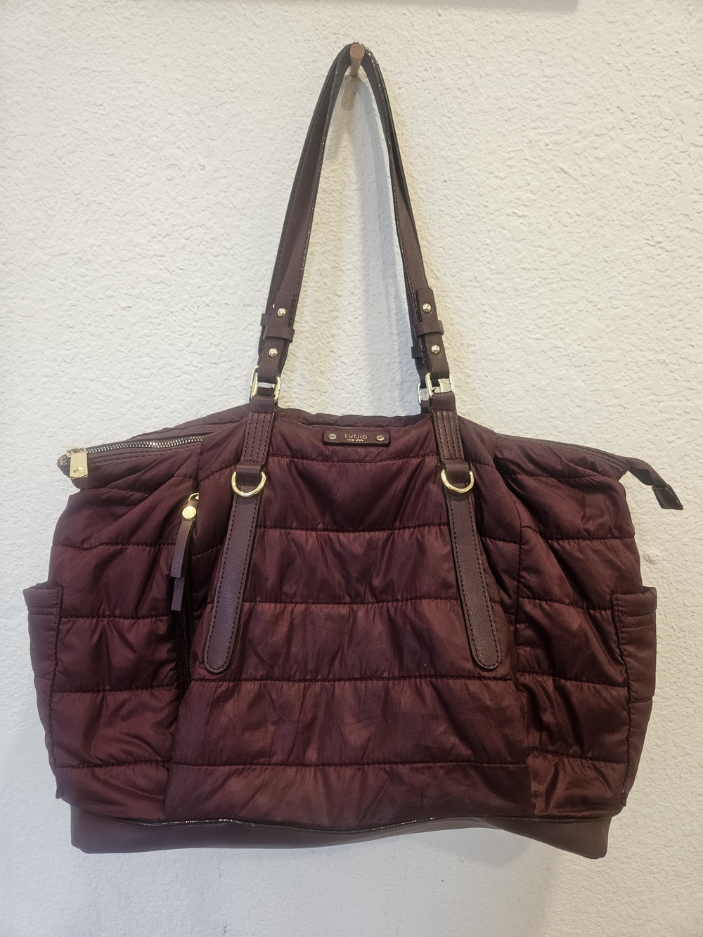 PTutilo New York Maroon Quilted Nylon Puffer Tote Bag Gold Hardware
